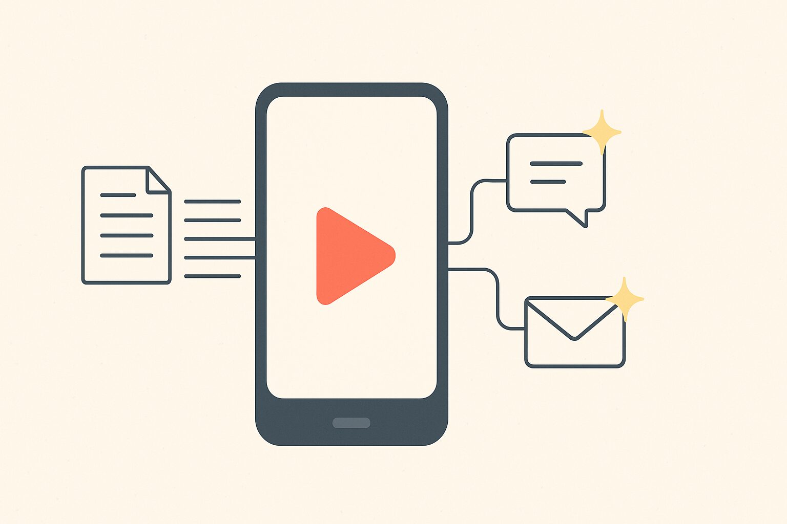 Illustration of a smartphone with a red play button on screen, with lines extending to icons of a document, chat bubble, and envelope, symbolizing AI-driven content repurposing from video transcripts.