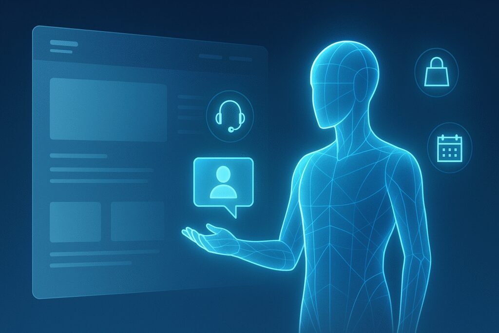 Futuristic AI assistant made of glowing digital lines interacting with a fading website interface and floating service icons