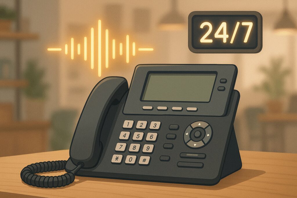 Modern office phone on a desk with a glowing AI waveform above it and a 24/7 sign in a small business setting.