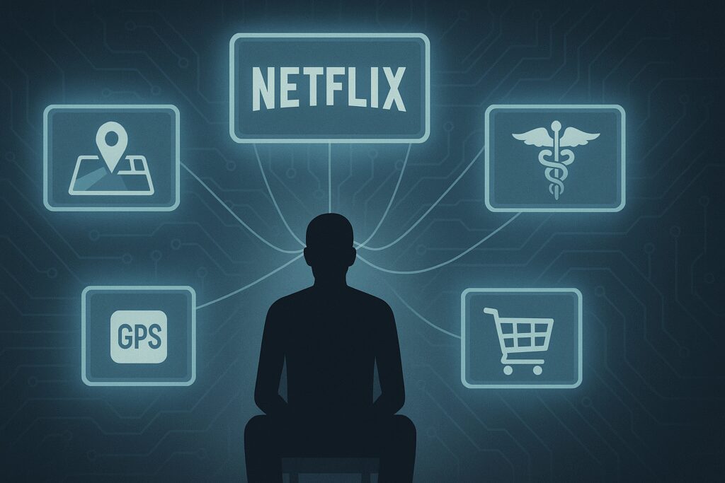 Silhouette of a person connected by digital threads to glowing icons of GPS, Netflix, healthcare, and shopping in a circuit board-themed background.