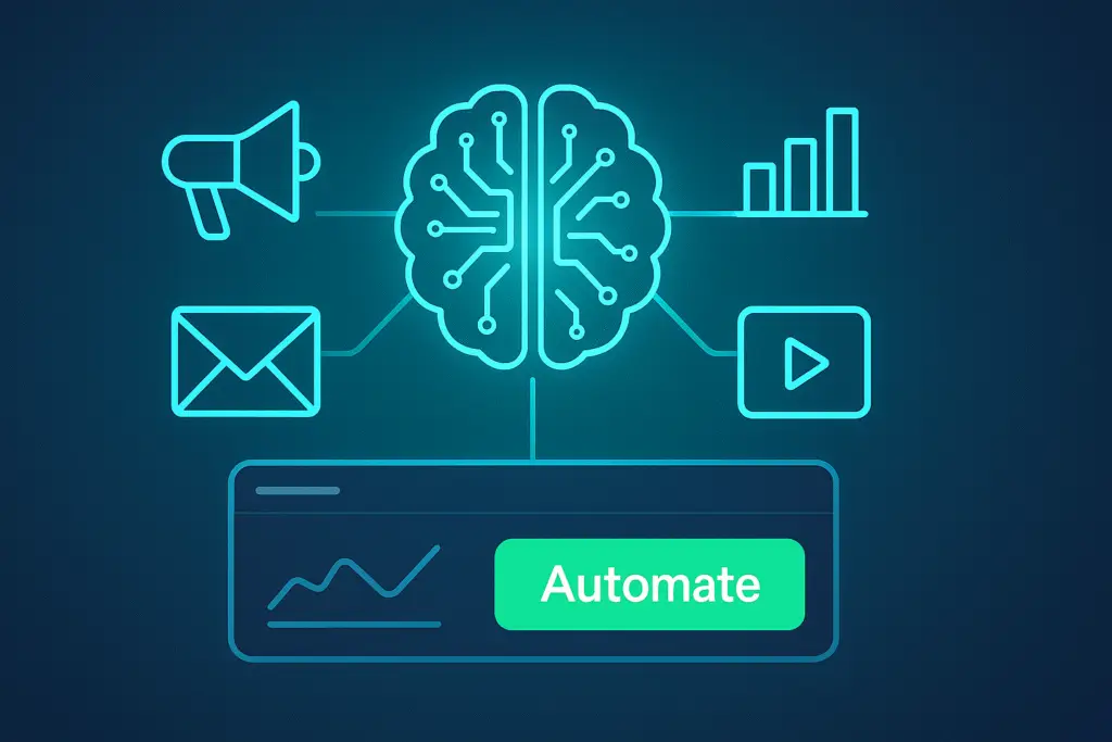 Illustration of a glowing AI brain connected to four marketing icons—megaphone, bar chart, email, and video—above a dashboard with a bright green "Automate" button, on a dark gradient background.