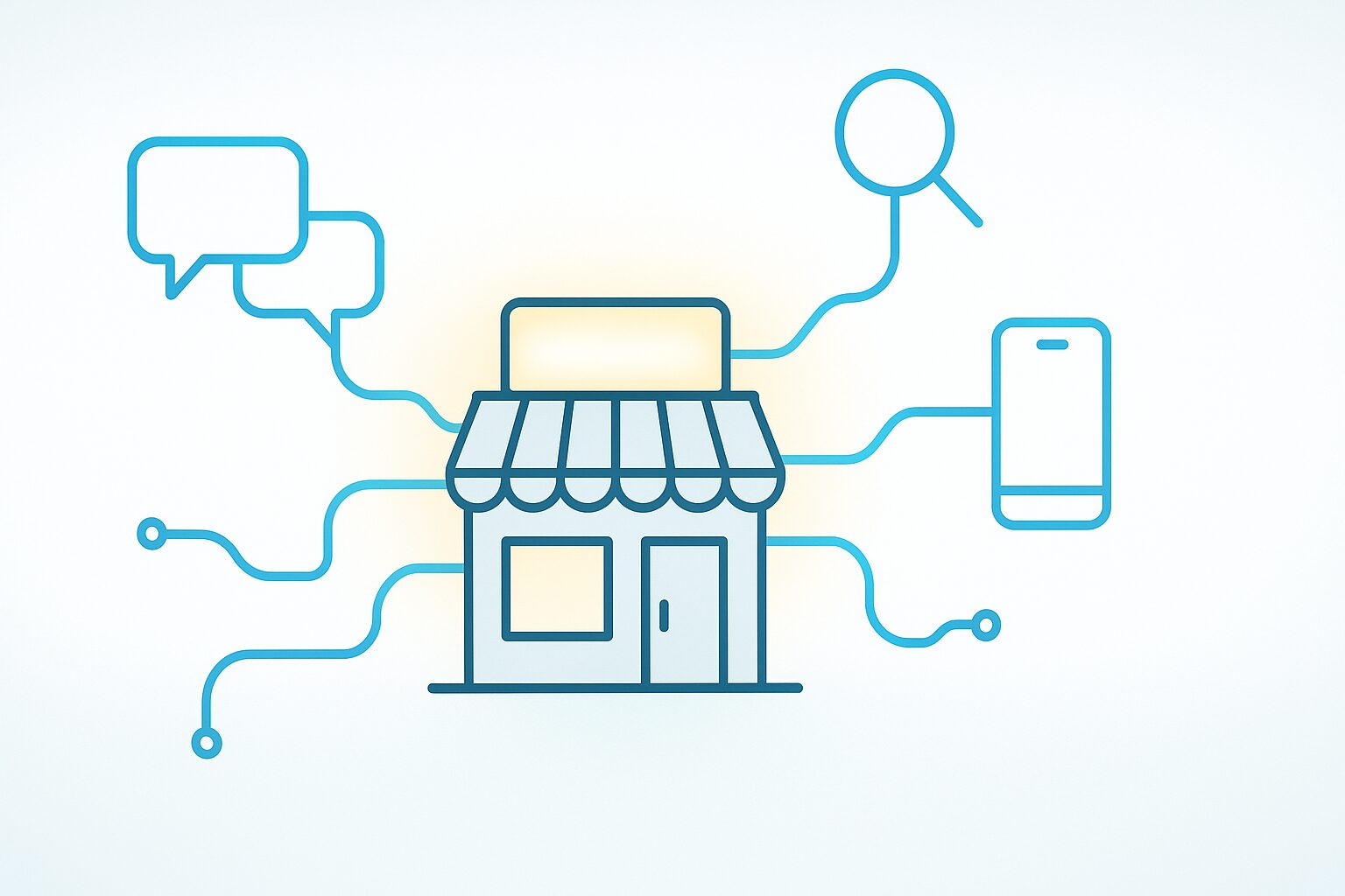Minimalist illustration of a small storefront with glowing sign, connected by blue circuit lines to icons of a chat bubble, search magnifier, and smartphone on a light gradient background