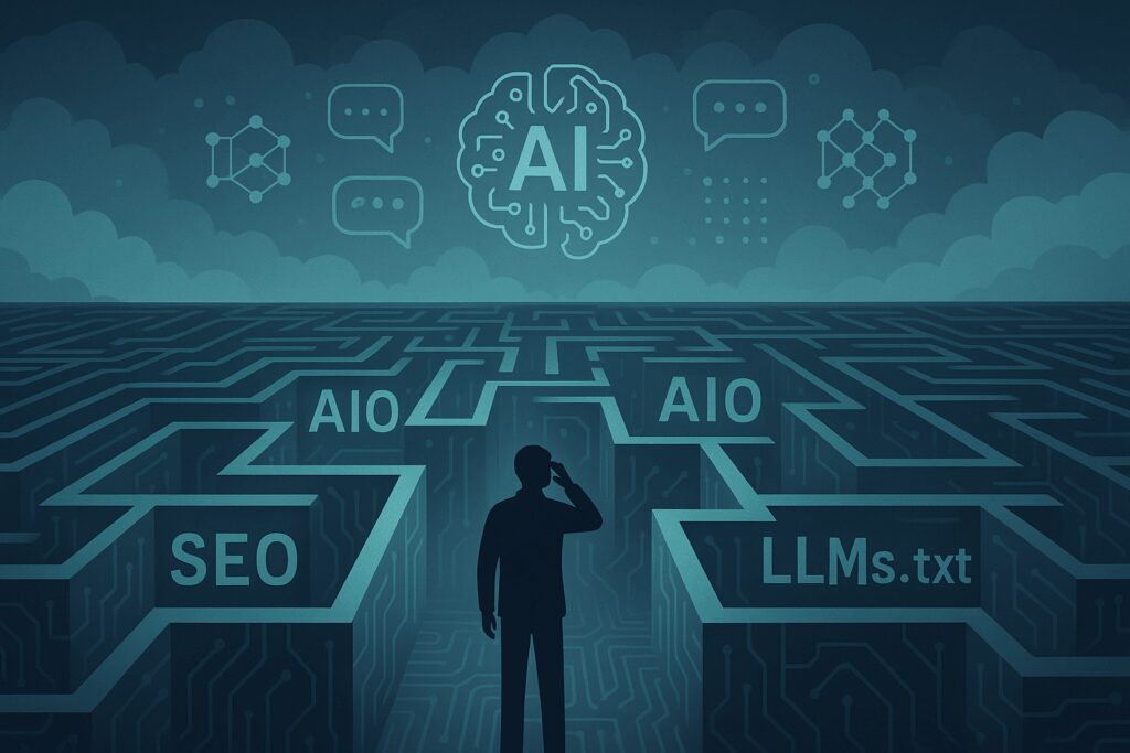 A person stands at the entrance of a glowing circuit-board maze labeled with SEO, AIO, GEO, and LLMs.txt under a cloudy sky filled with AI icons.