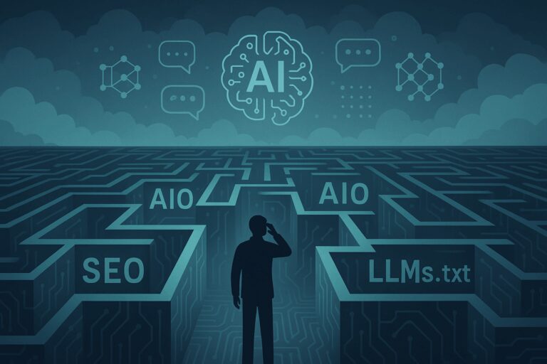 A person stands at the entrance of a glowing circuit-board maze labeled with SEO, AIO, GEO, and LLMs.txt under a cloudy sky filled with AI icons.