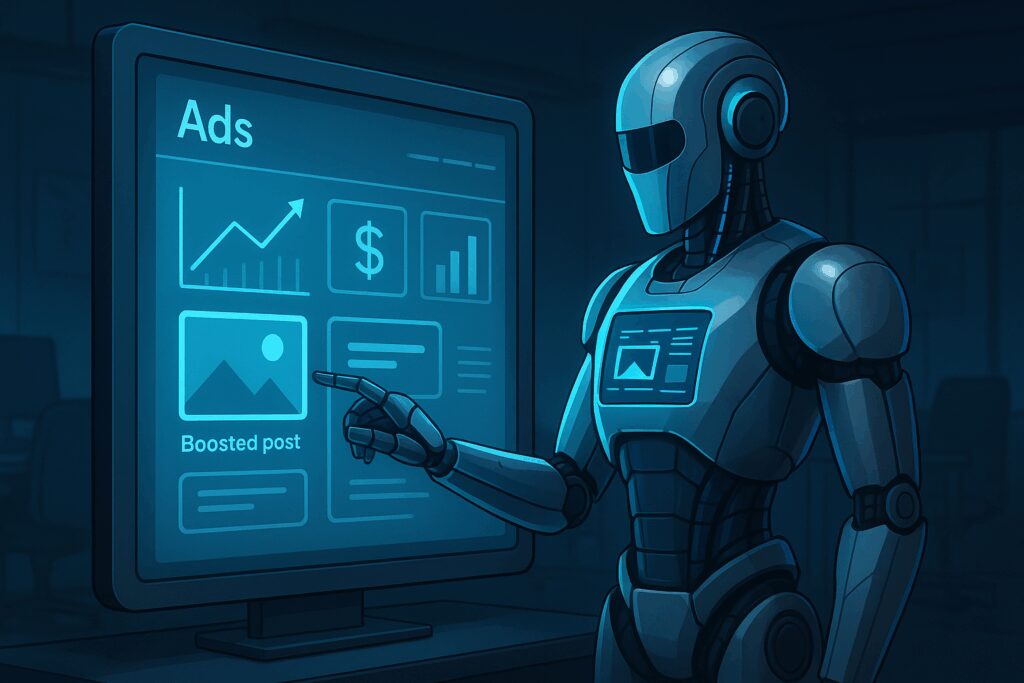 Futuristic robot managing a digital advertising dashboard in a dim office with empty chairs in the background.