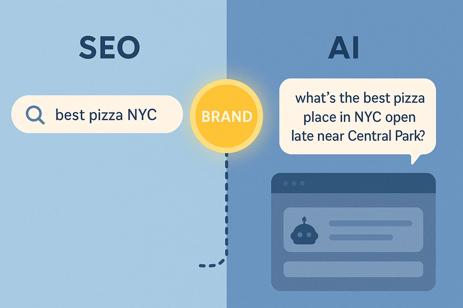 Split-screen illustration comparing traditional SEO and AI search, with a shared brand mention connecting a short SEO query and a long AI chatbot query
