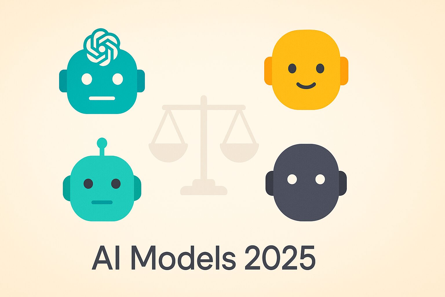 Illustration of four distinct robot head icons representing AI models, positioned around a faint balance scale, with ‘AI Models 2025’ text below on a light gradient background.