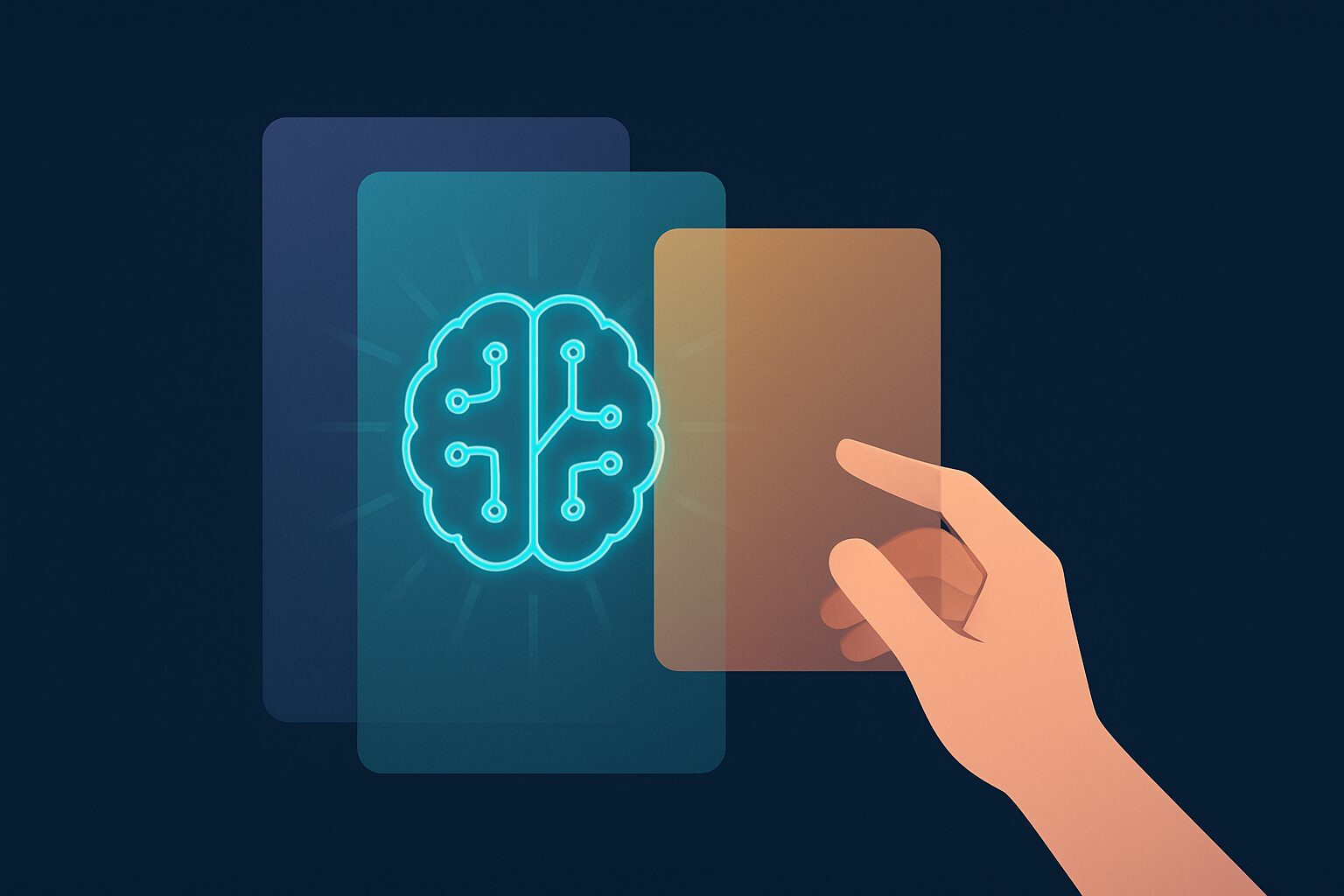 Minimalist illustration of a glowing cyan circuit-brain surrounded by translucent layered rectangles in violet, teal, and amber, with a human hand adding a new layer against a dark-blue background