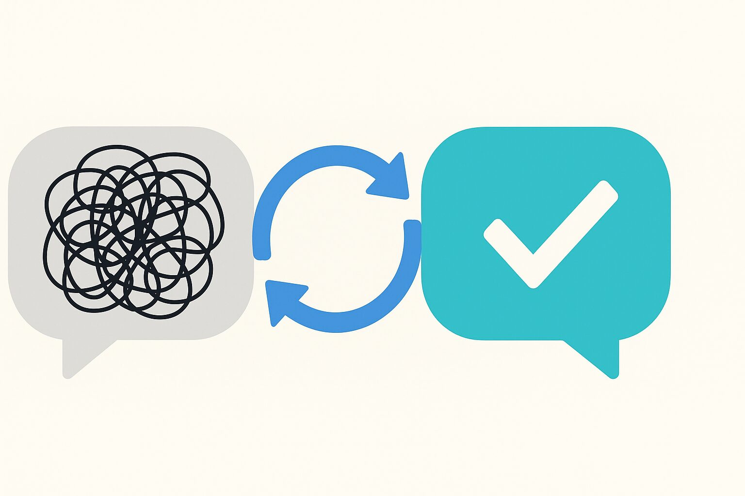 Illustration of chat bubbles showing transformation from confusion to clarity with a refresh arrow between them