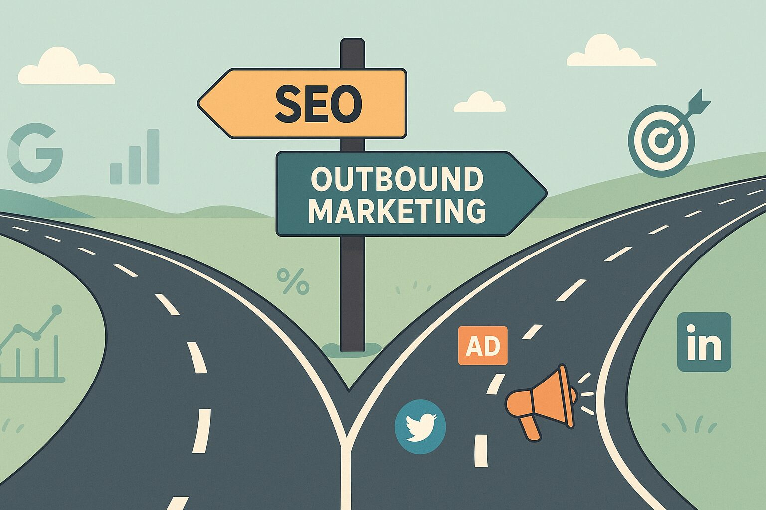 Illustration of a fork in the road with directional signs labeled "SEO" and "Outbound Marketing", showing SEO leading to a winding road with search engine icons and outbound marketing leading to a fast highway with social media and ad symbols.