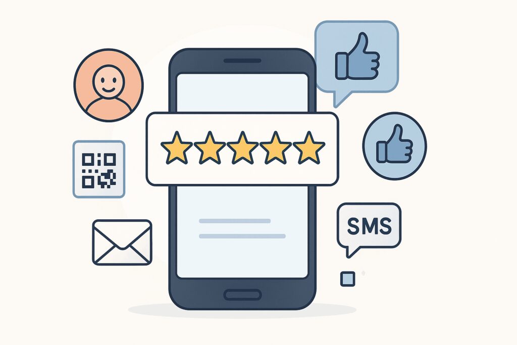Illustration of a smartphone displaying a 5-star review, surrounded by icons of happy customers, thumbs up, QR code, envelope, and SMS message.