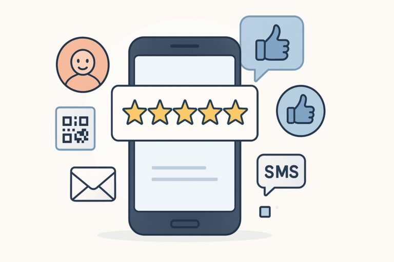 Illustration of a smartphone displaying a 5-star review, surrounded by icons of happy customers, thumbs up, QR code, envelope, and SMS message.