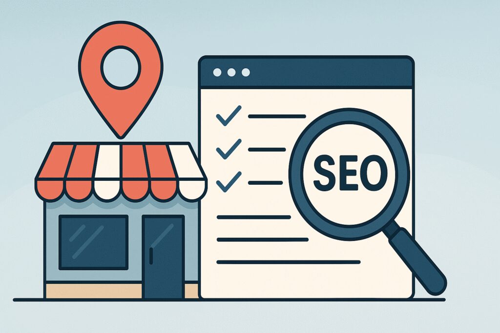 Illustration of a local storefront with a location pin, a webpage showing a checklist, and a magnifying glass over the word SEO