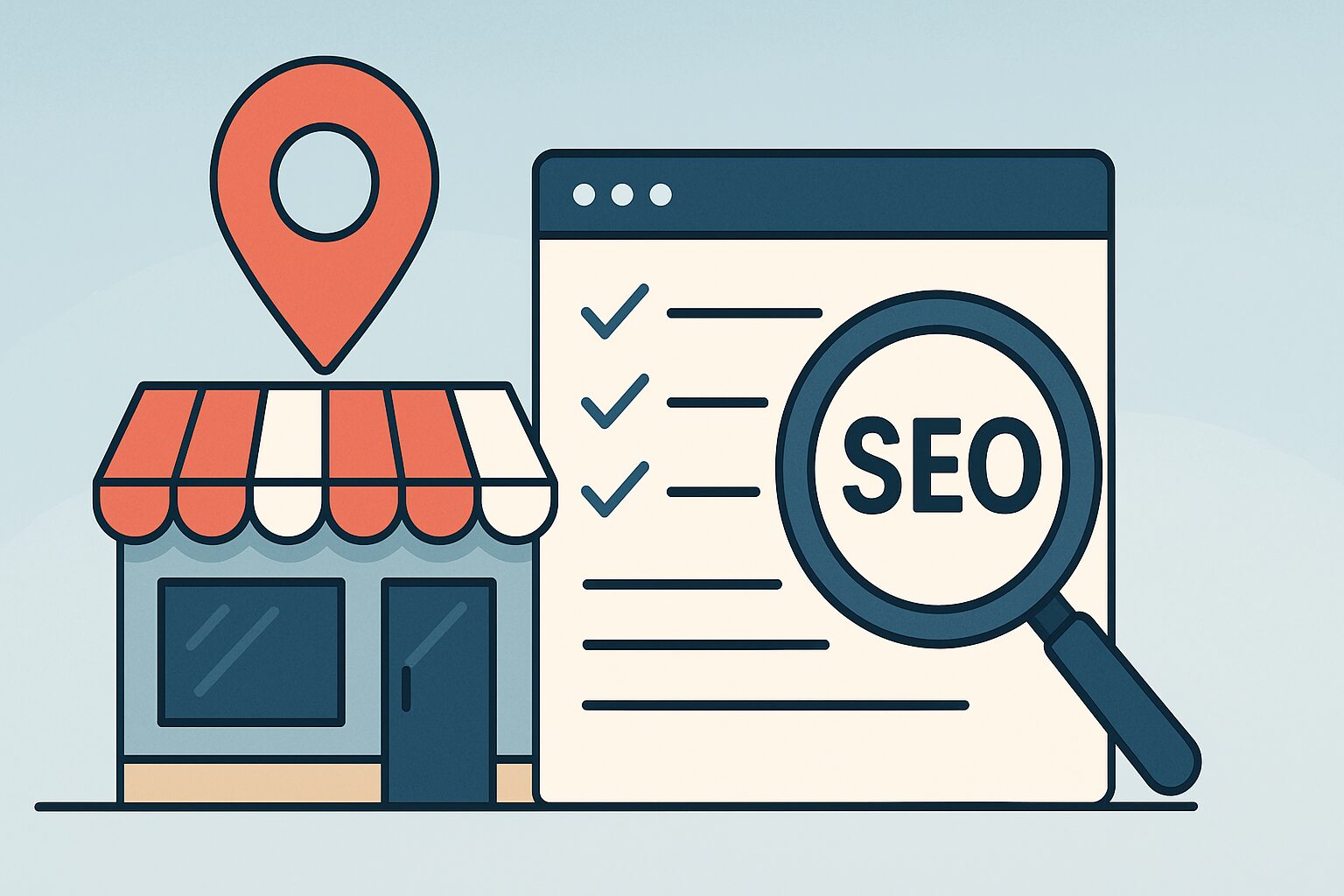 Illustration of a local storefront with a location pin, a webpage showing a checklist, and a magnifying glass over the word SEO