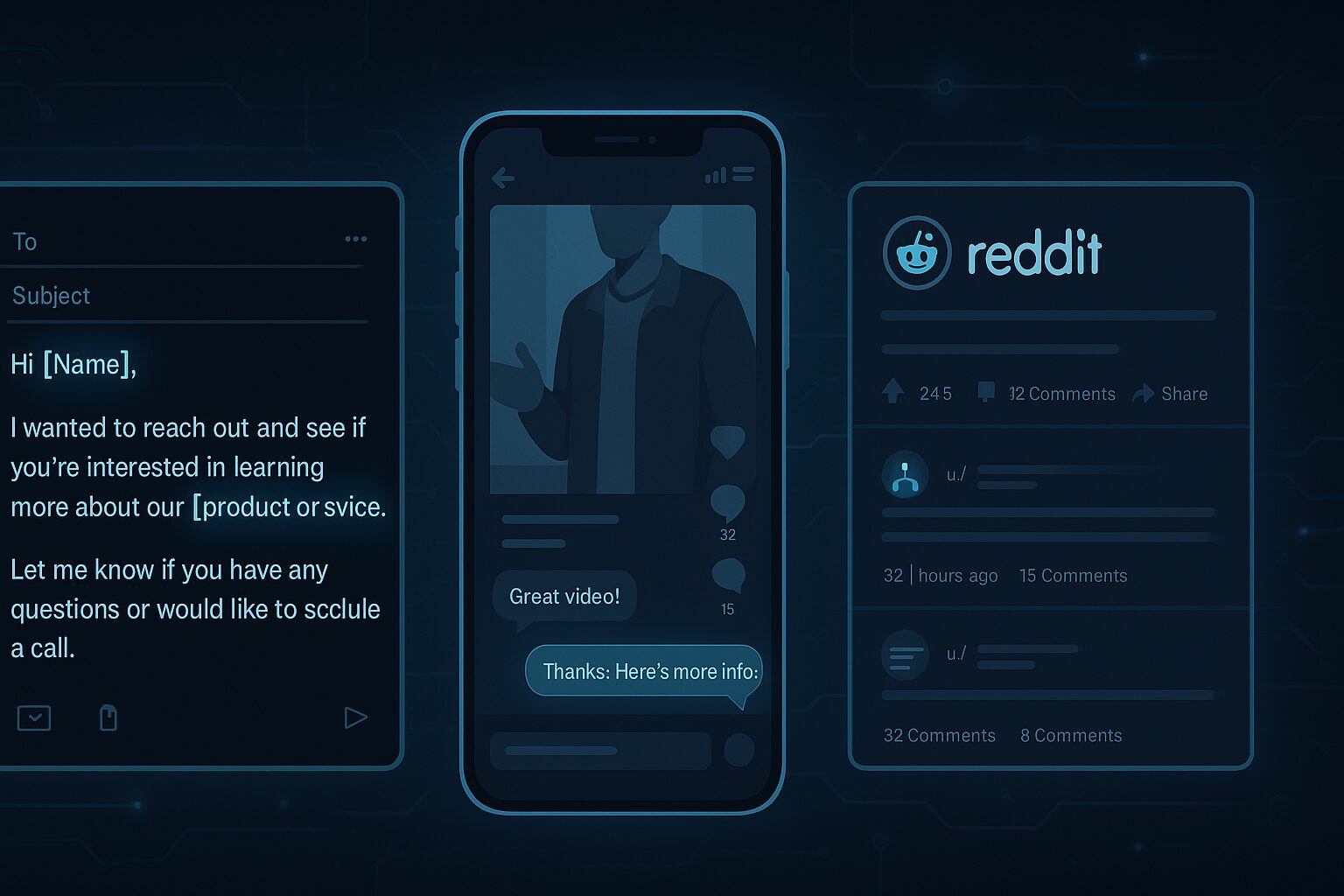 Digital interface with three panels showing AI-generated email personalization, a chatbot responding on a short-form video, and a Reddit thread with subtle AI bot indicators, all connected by glowing lines on a dark tech background.