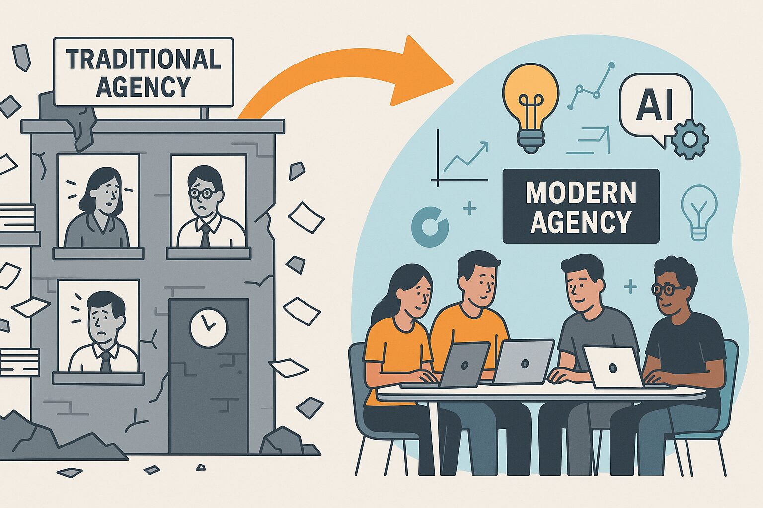 Illustration comparing a crumbling traditional marketing agency with a sleek modern agency using AI tools and a small team of specialists