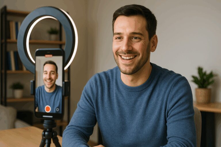 Person recording a selfie-style video with a smartphone and ring light in a well-lit home office setup.