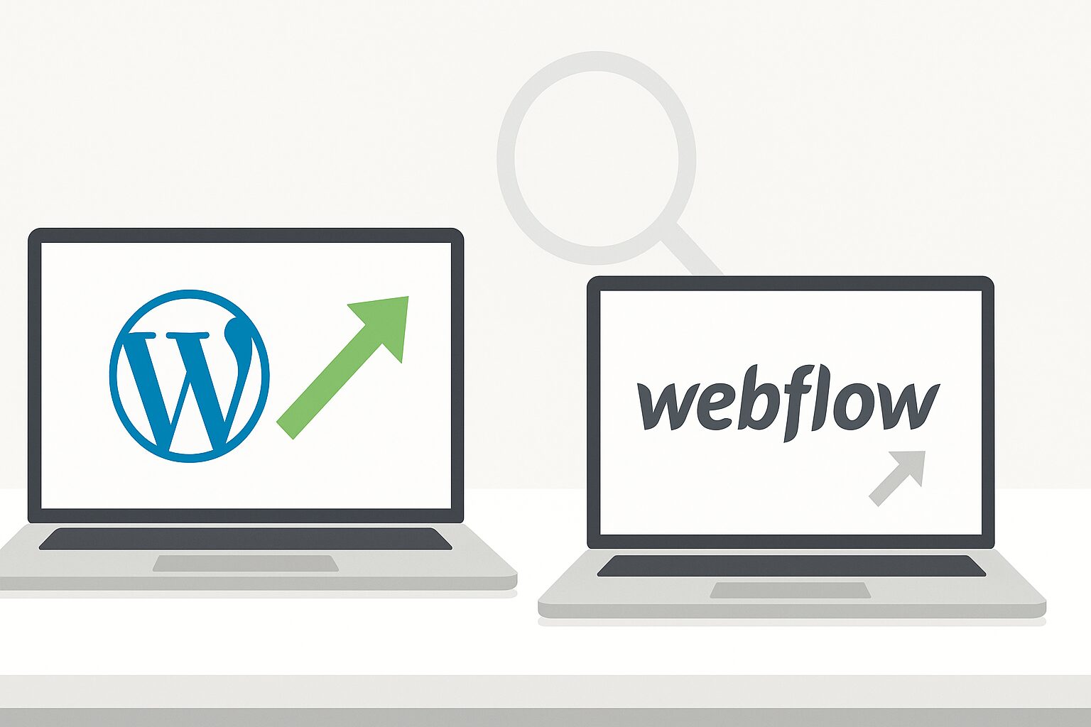 Two laptops comparing WordPress and Webflow SEO performance with upward arrows and a magnifying glass icon