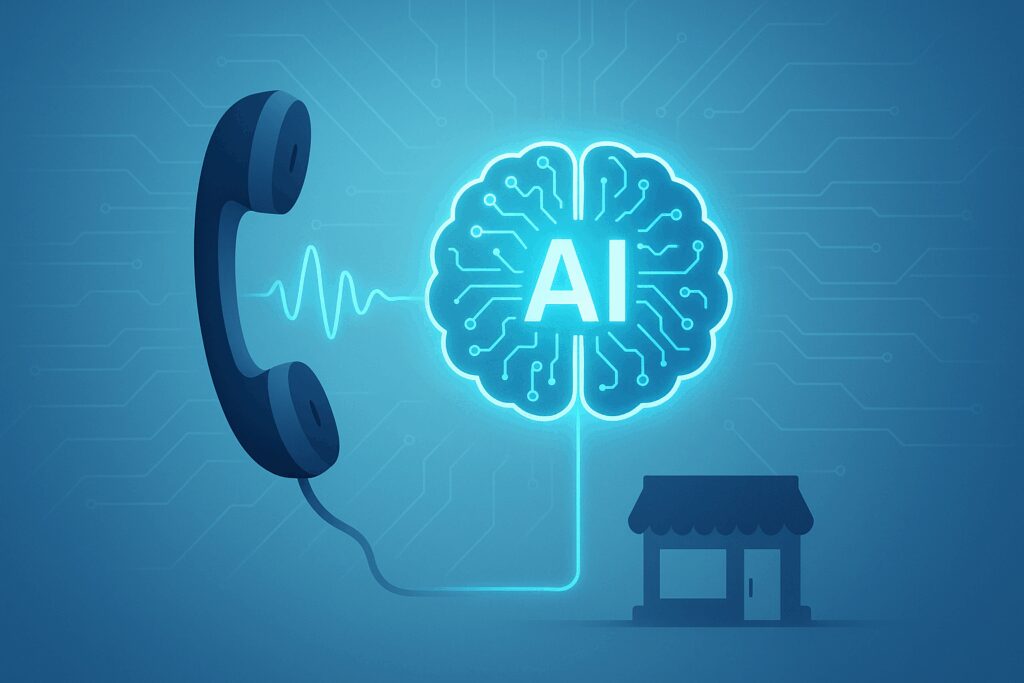 Illustration of a phone handset connected by a waveform to a glowing AI brain icon, with a small storefront silhouette in the corner, on a blue tech-themed background.