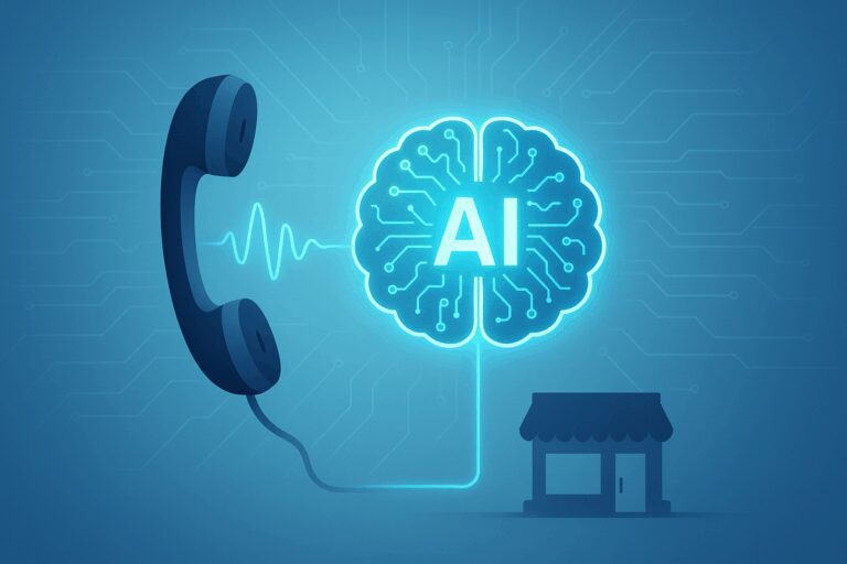 Illustration of a phone handset connected by a waveform to a glowing AI brain icon, with a small storefront silhouette in the corner, on a blue tech-themed background.