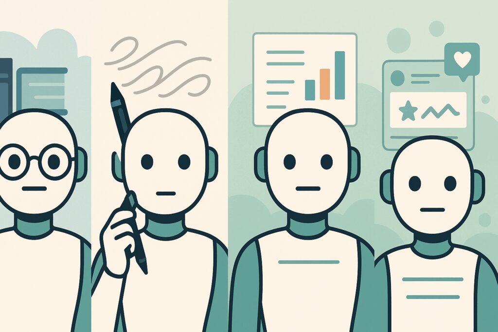 Four stylized AI robot heads representing ChatGPT, Claude, Gemini, and Grok, each with unique visual elements like books, a pen, charts, and social media icons, set against a modern digital background.