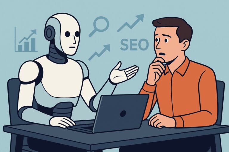 Humanoid robot advising a surprised man at a desk with SEO icons in the background.