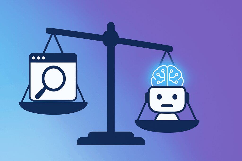 A digital scale tilting toward a chatbot icon with a glowing AI brain, outweighing a web browser with a magnifying glass, symbolizing the shift from SEO to AI search.