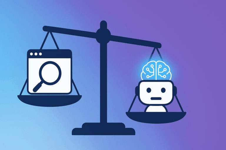 A digital scale tilting toward a chatbot icon with a glowing AI brain, outweighing a web browser with a magnifying glass, symbolizing the shift from SEO to AI search.