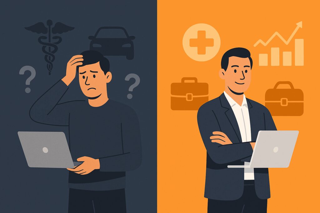 Split-screen illustration of two digital marketers—one confused with generic industry icons and question marks, and one confident with industry-specific symbols and charts—representing the impact of industry experience.