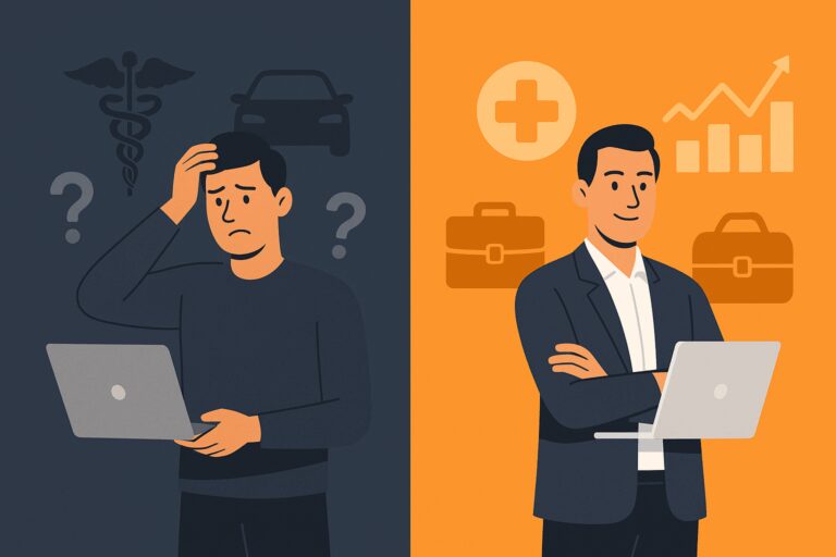 Split-screen illustration of two digital marketers—one confused with generic industry icons and question marks, and one confident with industry-specific symbols and charts—representing the impact of industry experience.