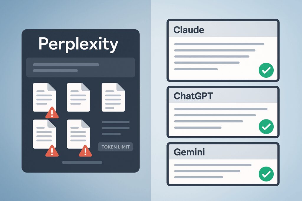 Side-by-side illustration comparing Perplexity's limited interface with token warnings to the organized outputs of Claude, ChatGPT, and Gemini platforms.