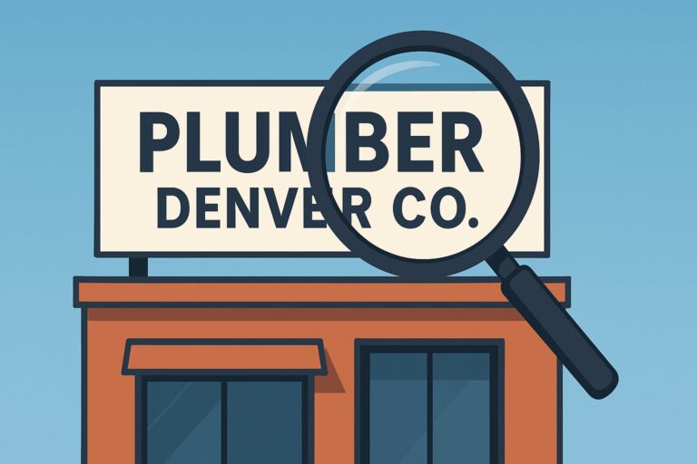 Storefront sign reading "Plumber Denver Co." with a magnifying glass highlighting the name against a blue sky background.