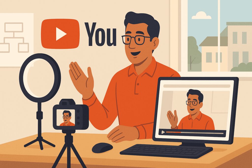 Small business owner recording a YouTube video at their desk with camera, ring light, and computer displaying a paused video thumbnail.